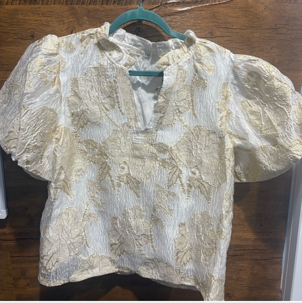 Ellison Noella Gold Foiled Puff Sleeve Top Sz M NWT - Picture 5 of 10